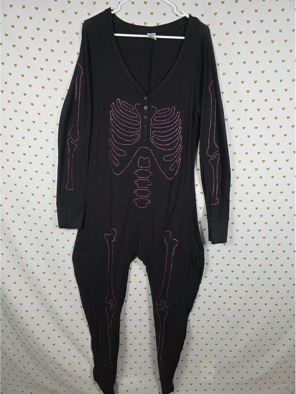 VS PINK Skeleton Rhinestone BLING Thermal Onesie XL Halloween Black Costume